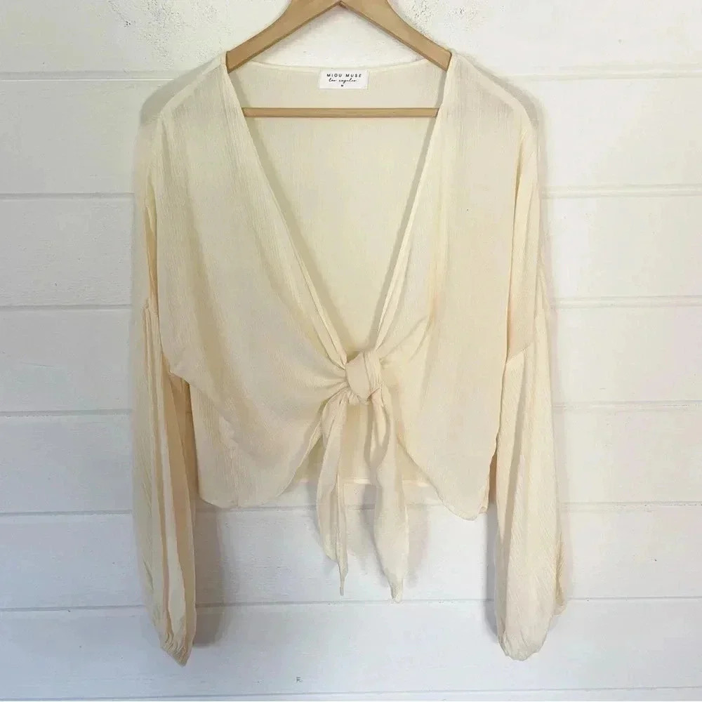 EUC Miou Muse Tie Front Lightweight Balloon Sleeve Pale Yellow Top Size Medium